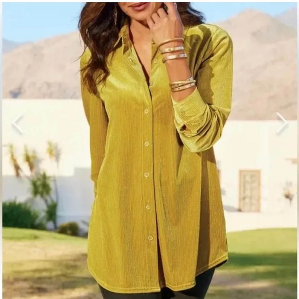 SOFT SURROUNDINGS‎ Amber Green Velvet Textured Boyfriend Shirt Size PXS